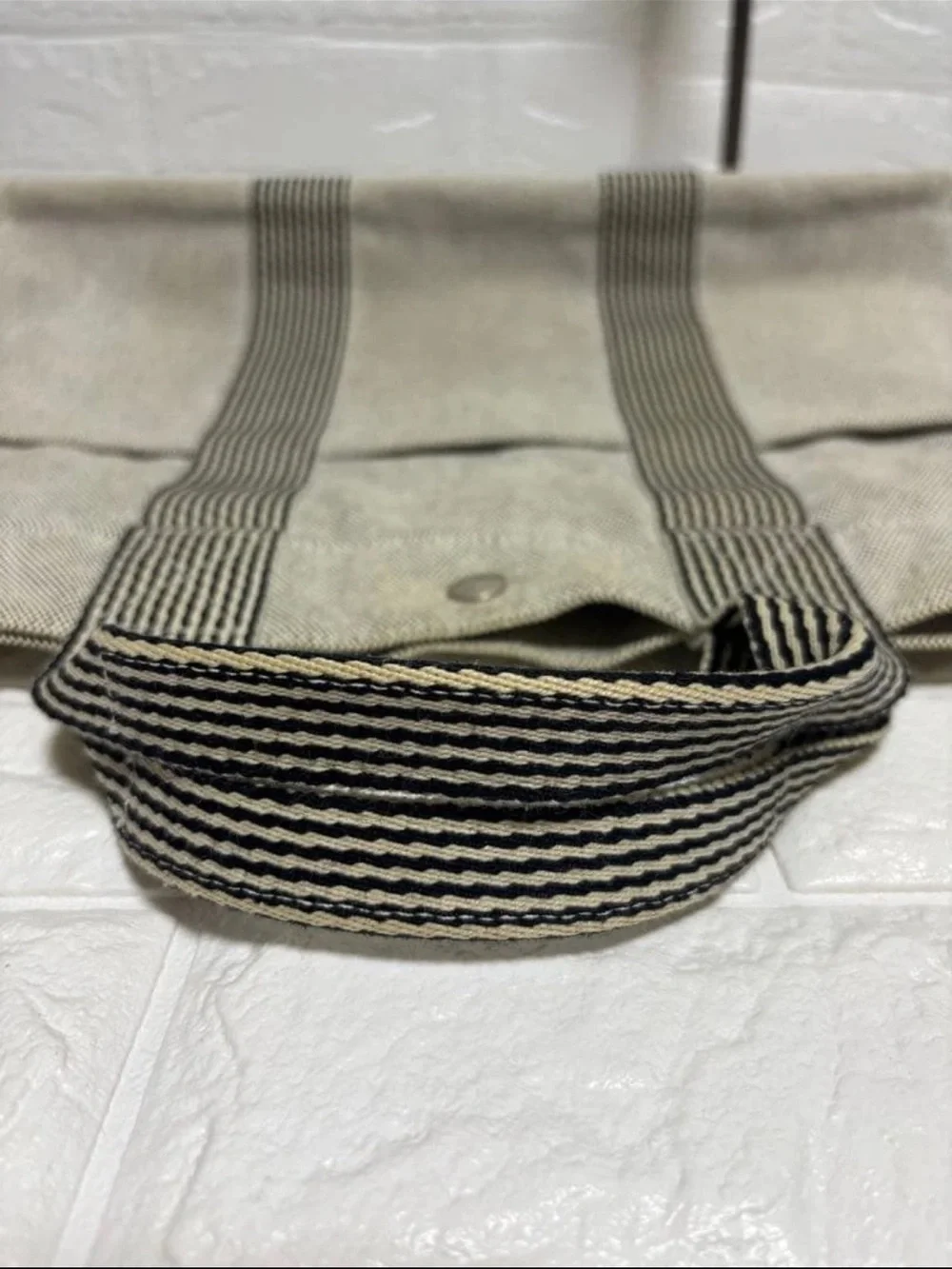 Hermes Natural Canvas Tote with Black Striped Handles